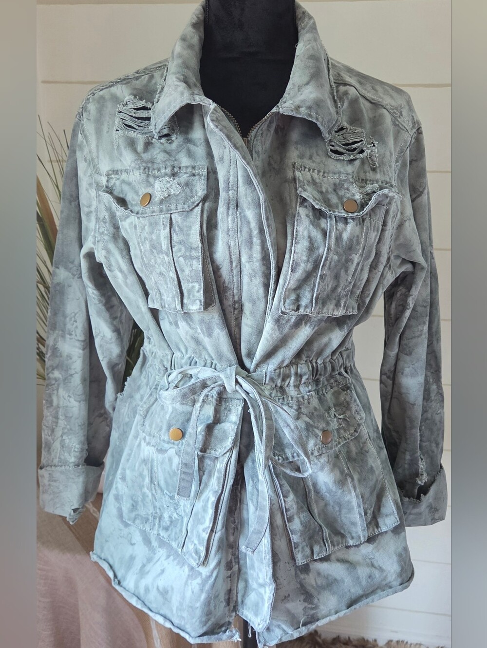 POL Distressed Tie Dye Cargo Utility Jacket Gray Acid Wash Military Shacket S